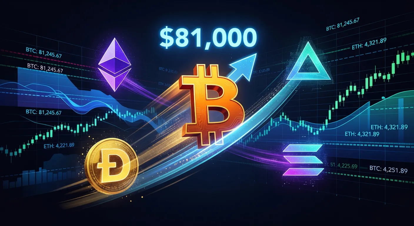 Bitcoin przekracza 81 000 USD na tle wykresu cenowego z Ethereum i Solaną