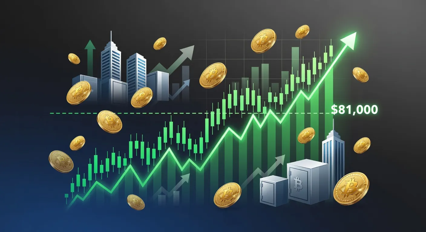 Wykres ceny Bitcoina przekraczający 81 000 USD z symbolami inwestycji instytucjonalnych
