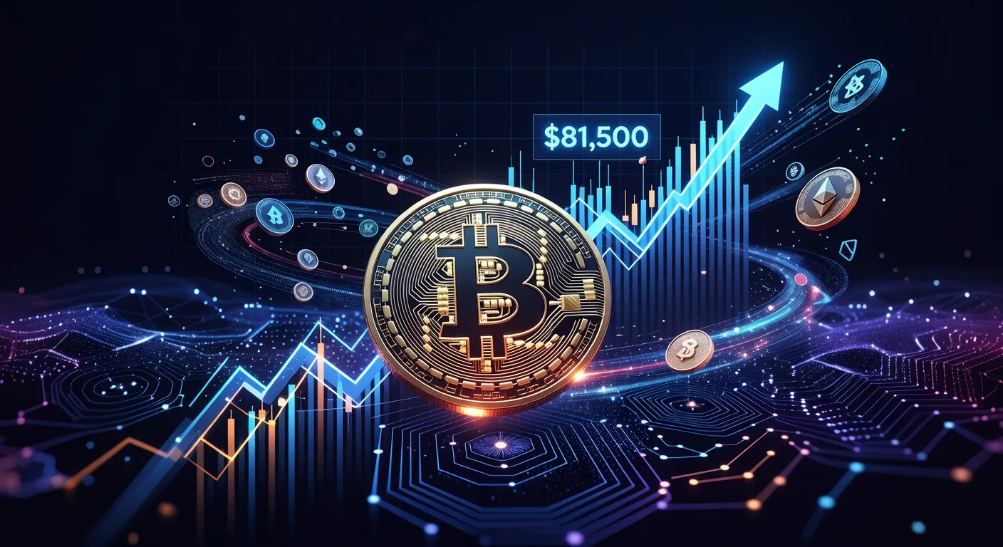 Bitcoin na wykresie z ceną 81 500 USD i cyfrowymi tokenami w tle