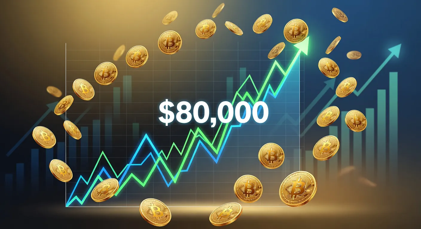 Wykres ceny Bitcoina przebijającego poziom 80 000 USD z dynamicznym trendem wzrostowym
