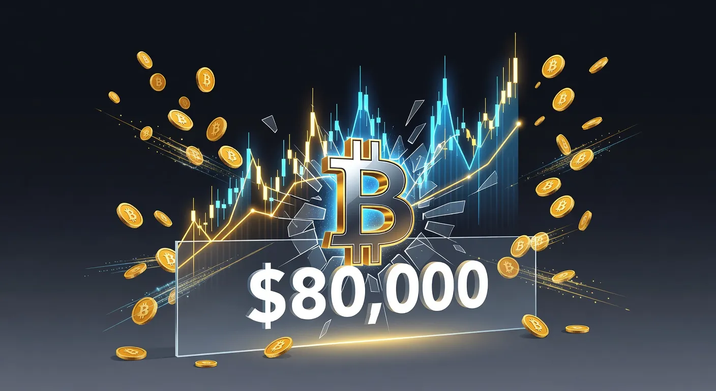Wykres ceny Bitcoina przebijającego poziom 80 000 USD z tłem pełnym cyfrowych monet