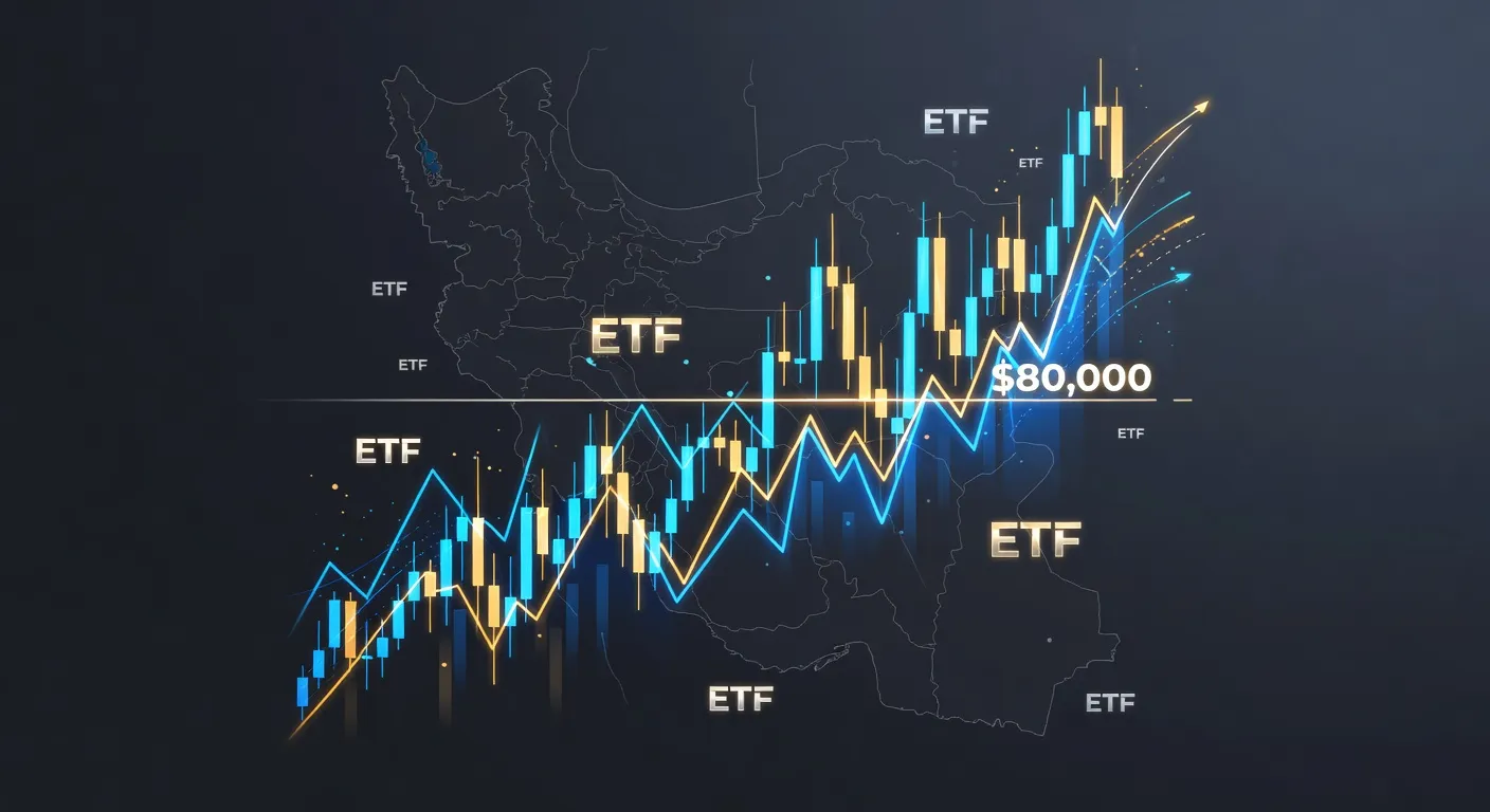 Wykres ceny Bitcoina przekraczający 80 000 USD z symbolami ETF w tle
