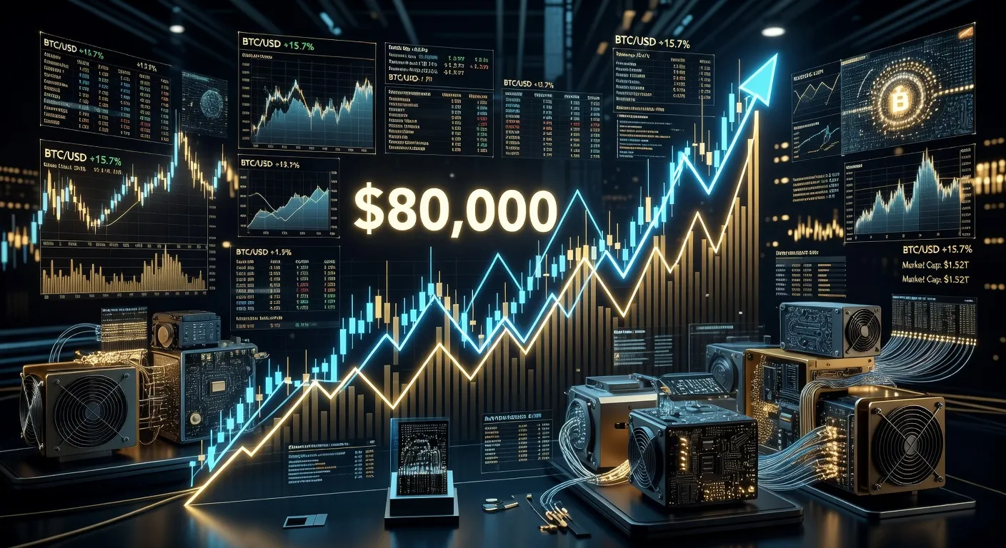 Wykres ceny Bitcoina przebijającego 80 000 USD z tłem danych rynkowych