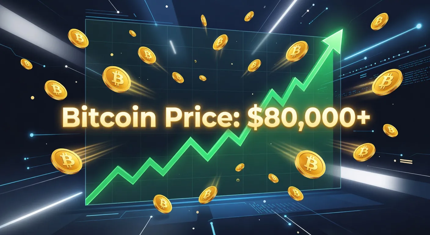 Wykres ceny Bitcoina przekraczającego 80 000 USD z cyfrowymi monetami w tle