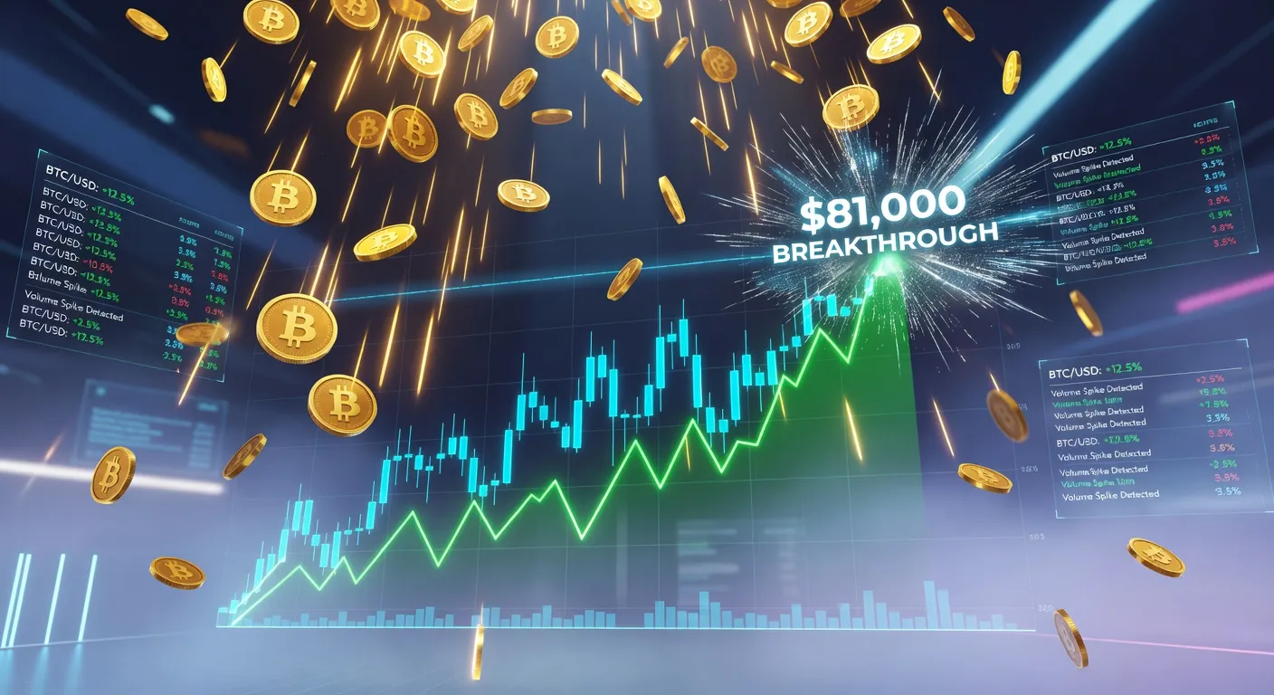 Ilustracja Bitcoina przebijającego barierę 81 000 USD na wykresie cenowym