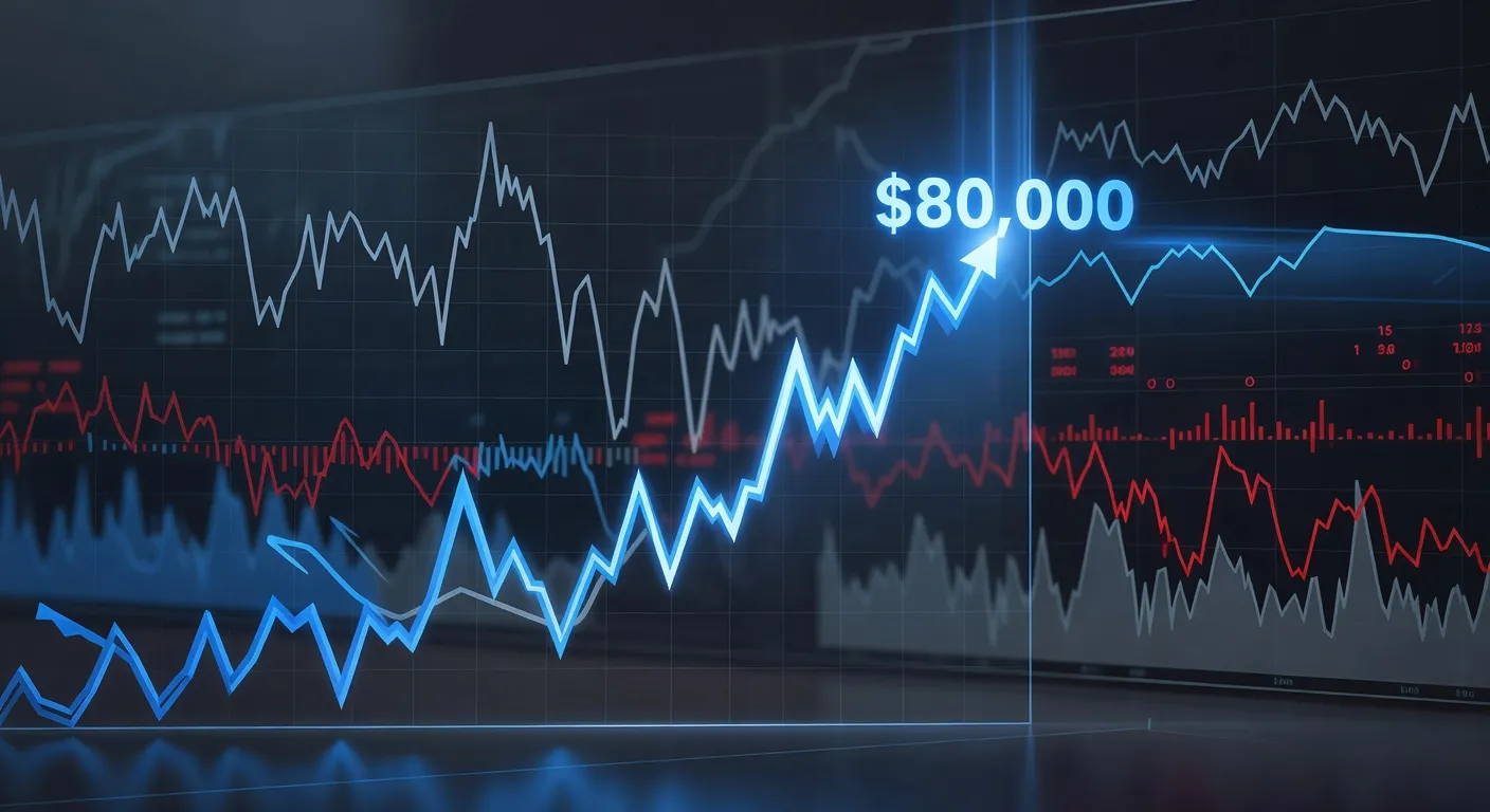 Wykres ceny Bitcoina przebijającego poziom 80 000 USD na tle rynkowych trendów