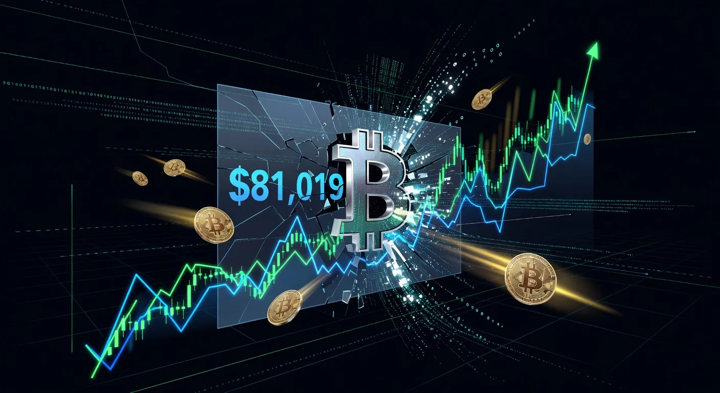 Wykres ceny Bitcoina przełamującego poziom 81 000 USD z futurystycznym tłem