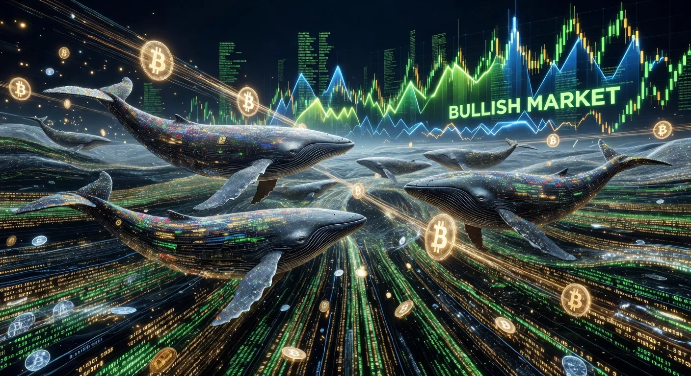 Ilustracja przedstawiająca Bitcoina i aktywność wielorybów na rynku kryptowalut