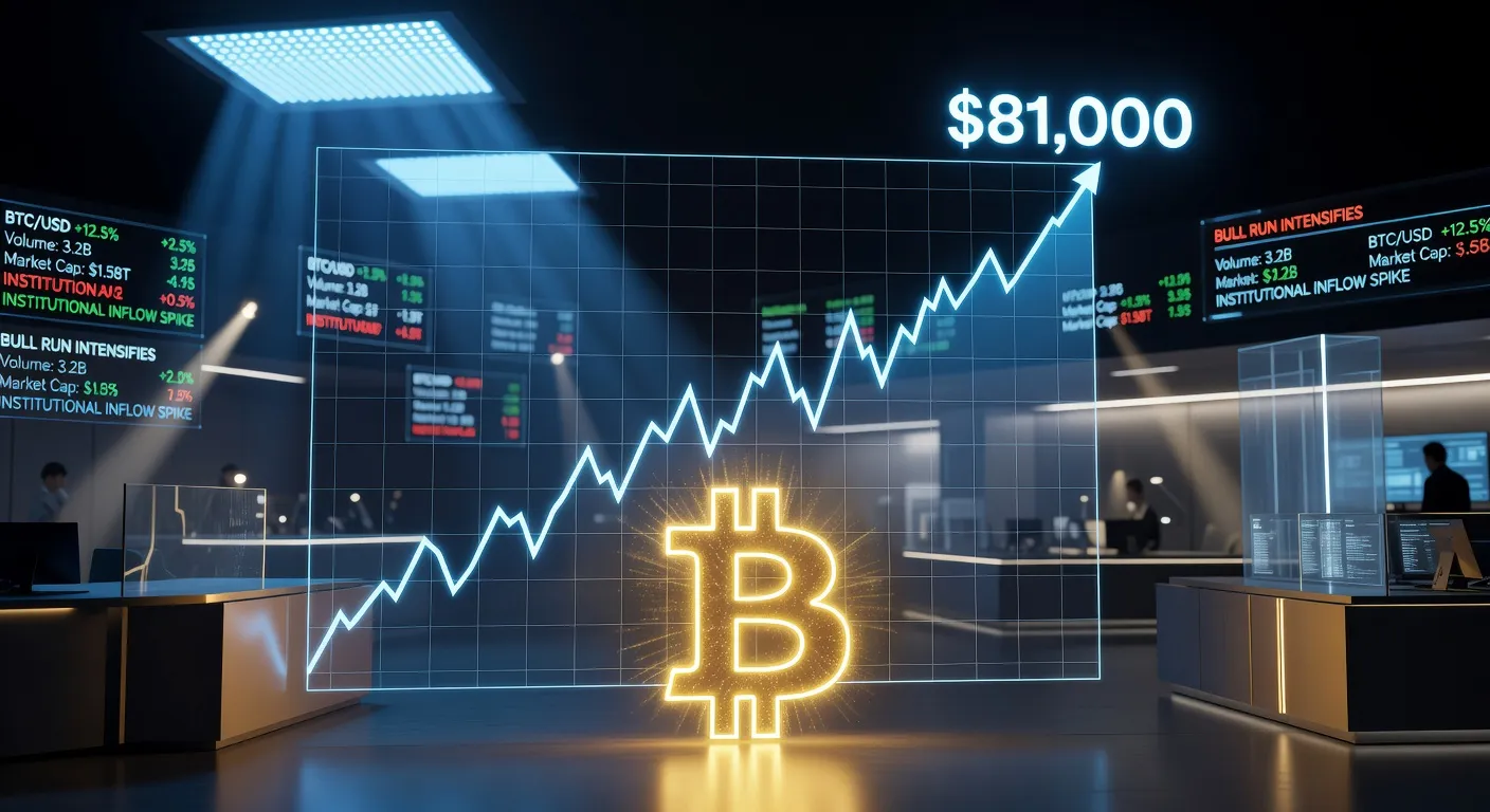 Wykres ceny Bitcoina zbliżającego się do 81 000 USD z zaznaczonymi poziomami oporu