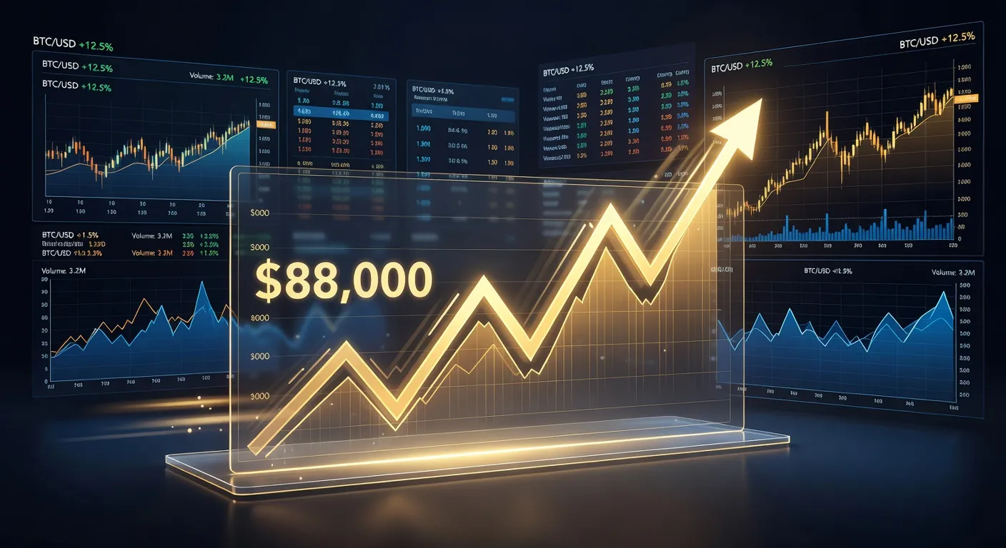 Wykres ceny Bitcoina zmierzający do 88 000 USD z futurystycznym tłem finansowym