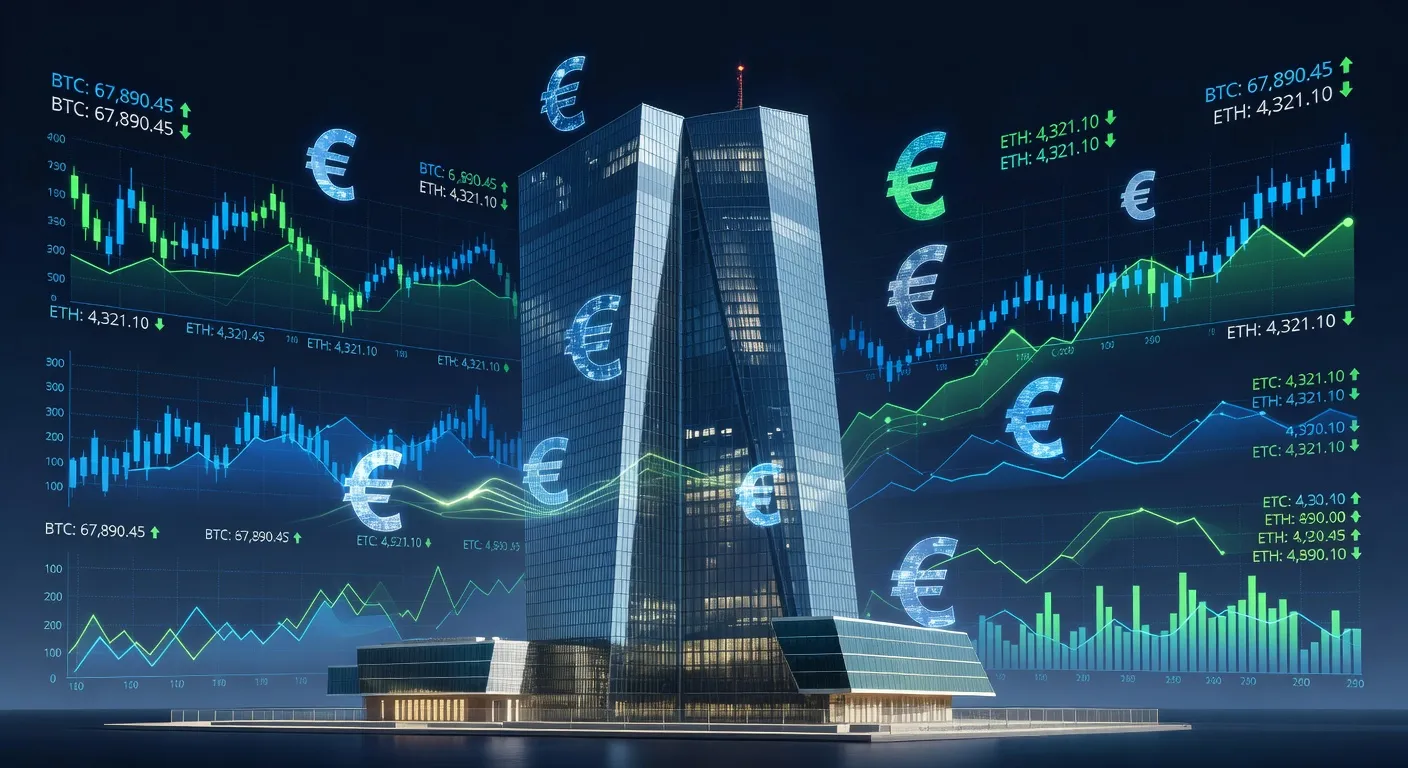 Ilustracja budynku EBC z wykresami kryptowalut i symbolami cyfrowego euro