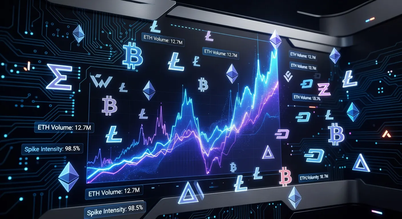 Wykres wolumenu obrotu Ethereum z dynamicznym wzrostem na tle cyfrowych symboli kryptowalut