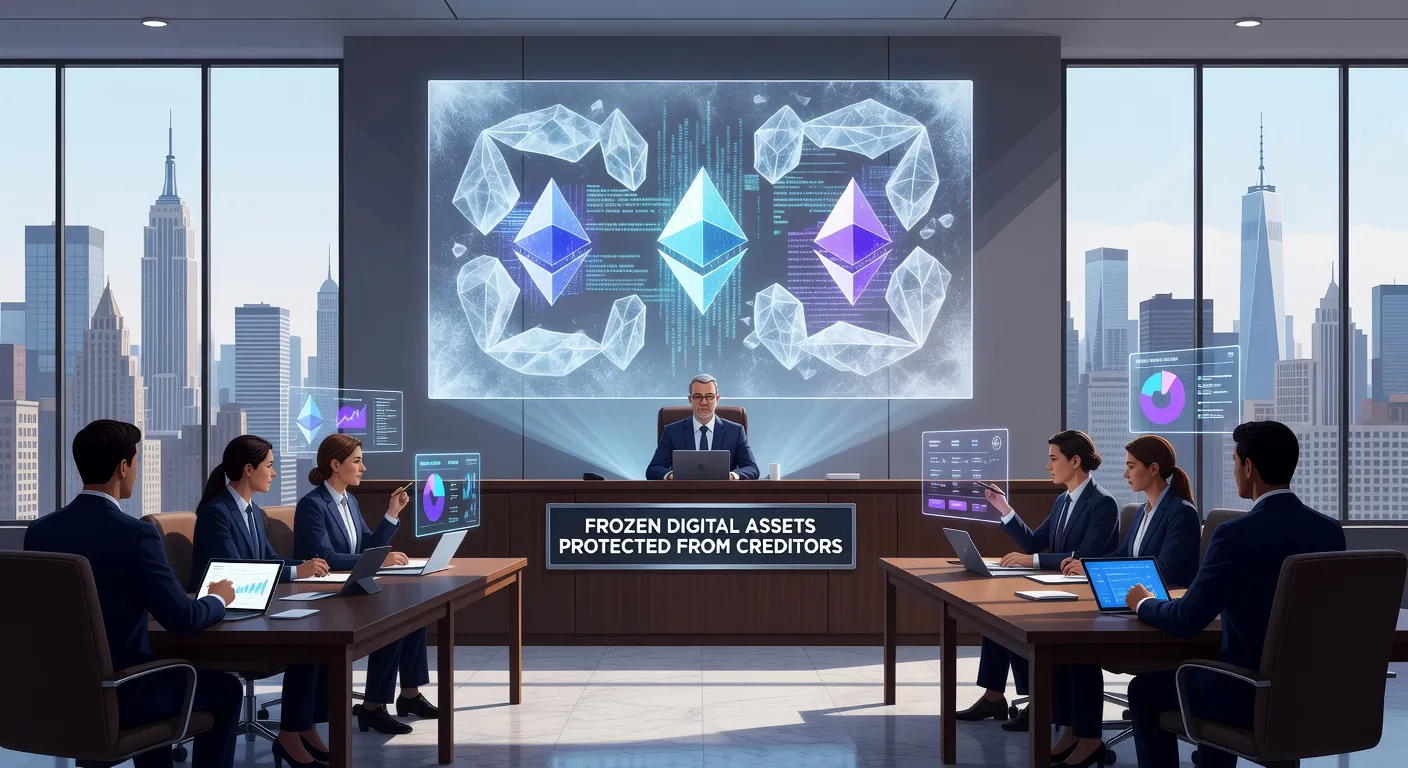 Ilustracja przedstawiająca salę sądową w Nowym Jorku z symbolami Ethereum i zamrożonymi aktywami cyfrowymi chronionymi przed wierzycielami