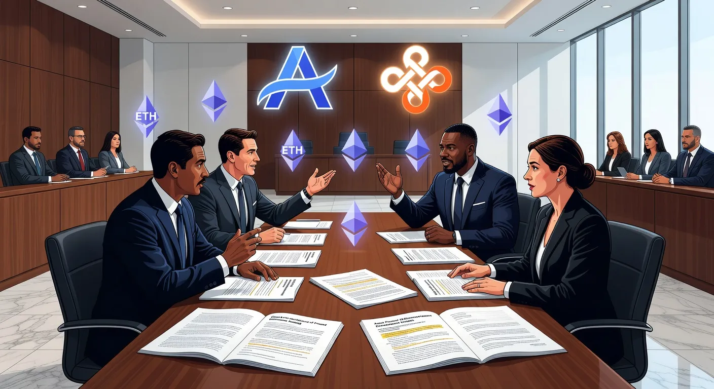Ilustracja sporu sądowego o zamrożone aktywa Ethereum z symbolami Aave i Arbitrum DAO oraz dokumentami prawnymi
