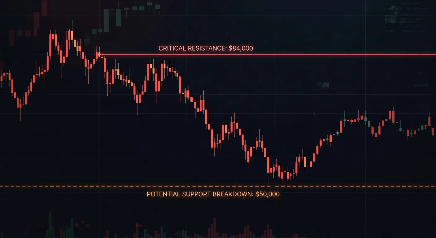 Wykres ceny Bitcoina z zaznaczonymi poziomami oporu na 84 000 USD i wsparcia na 50 000 USD w ciemnych tonach rynku
