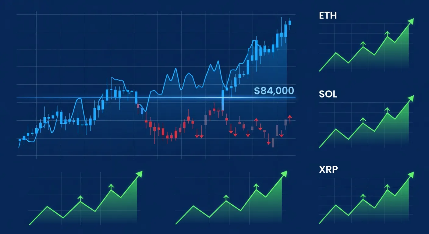 Wykres ceny Bitcoina zbliżającego się do poziomu 84 000 USD obok rosnących wykresów altcoinów ETH, SOL i XRP