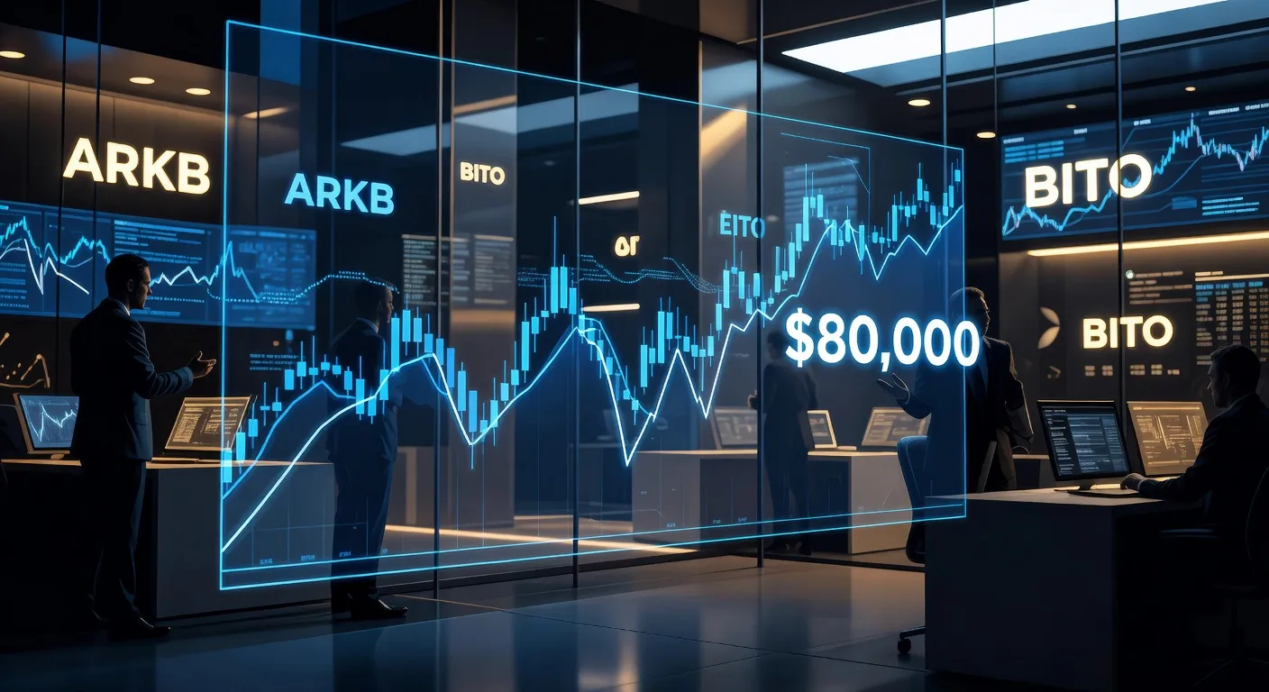 Wykres ceny Bitcoina na poziomie 80 000 USD z symbolami funduszy ETF w tle