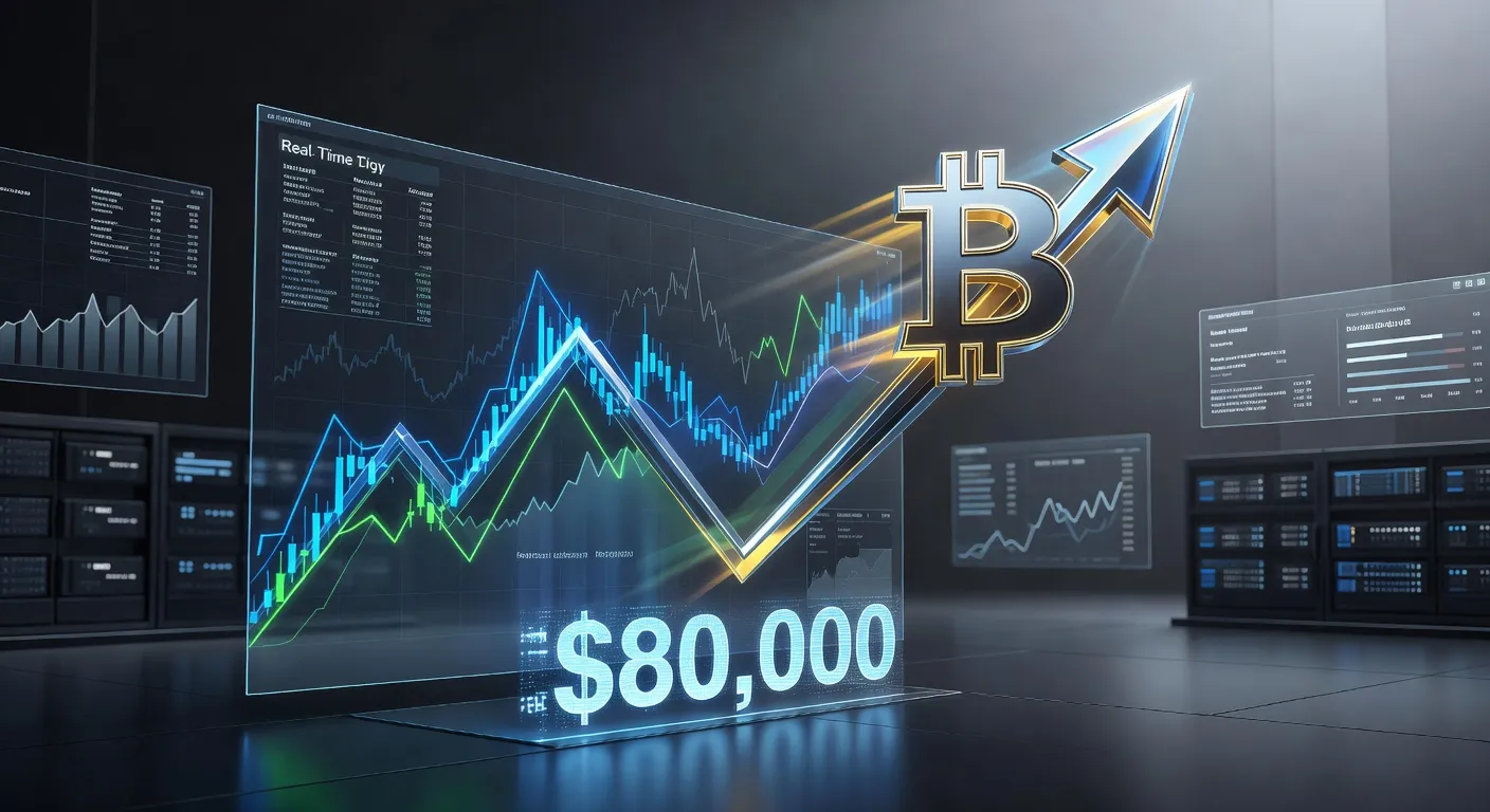 Wykres ceny Bitcoina przebijającego 80 000 USD z tłem futurystycznego rynku finansowego