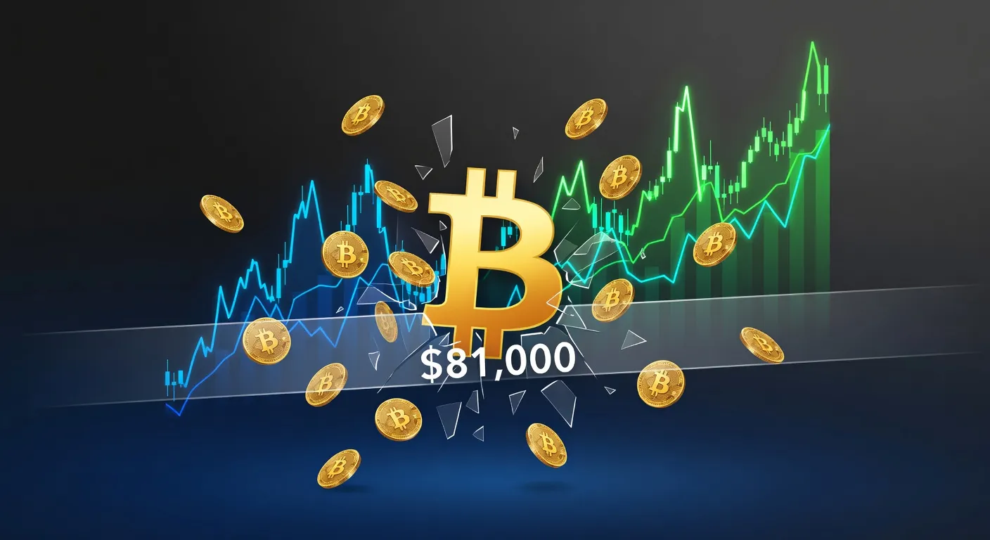 Wykres ceny Bitcoina przebijającego poziom 81 000 USD z dynamicznym tłem