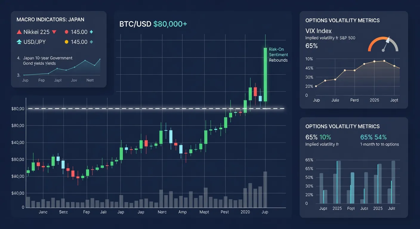 Wykres ceny Bitcoina odzyskującego poziom 80 000 USD z zaznaczonymi wskaźnikami makro z Japonii i metrykami zmienności opcji