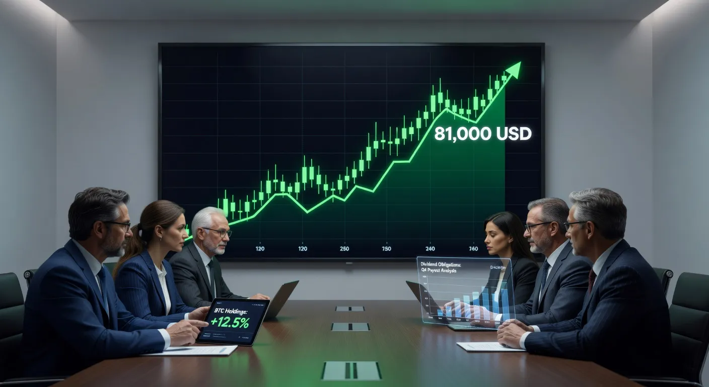 Wykres ceny Bitcoina przekraczającego 81 000 USD z elementami korporacyjnymi i salą konferencyjną