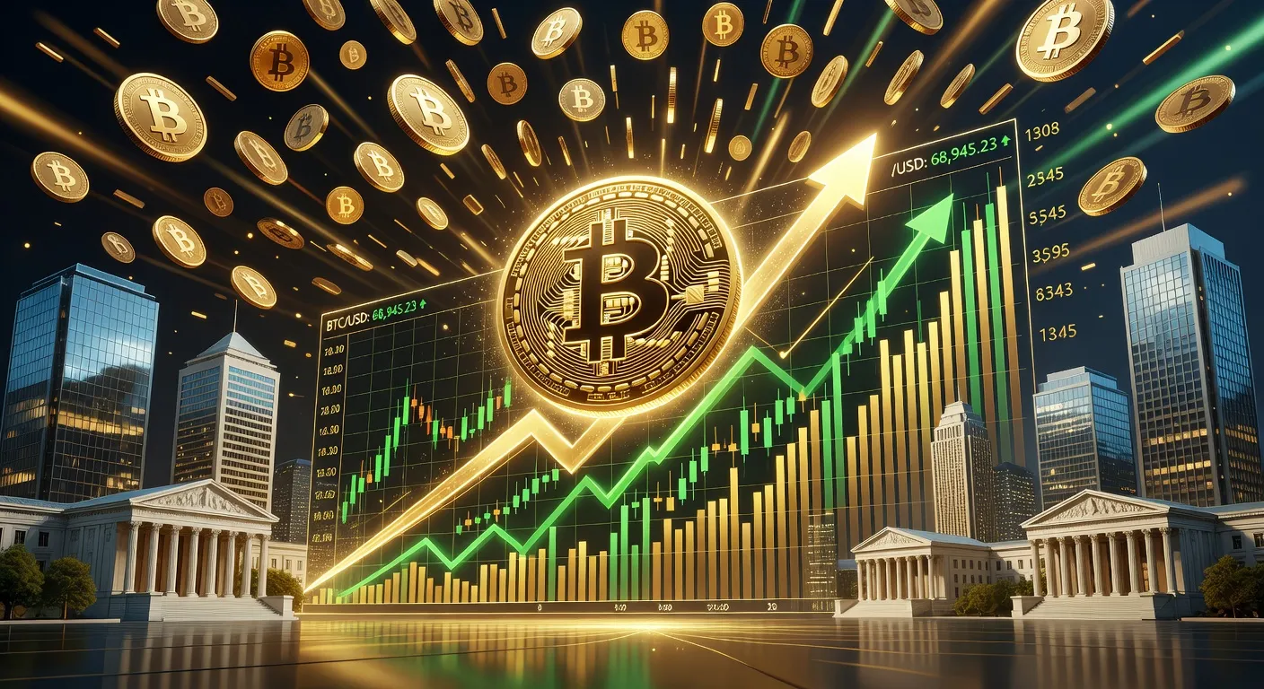Bitcoin szybujący nad wykresem finansowym z instytucjami w tle i złotymi monetami