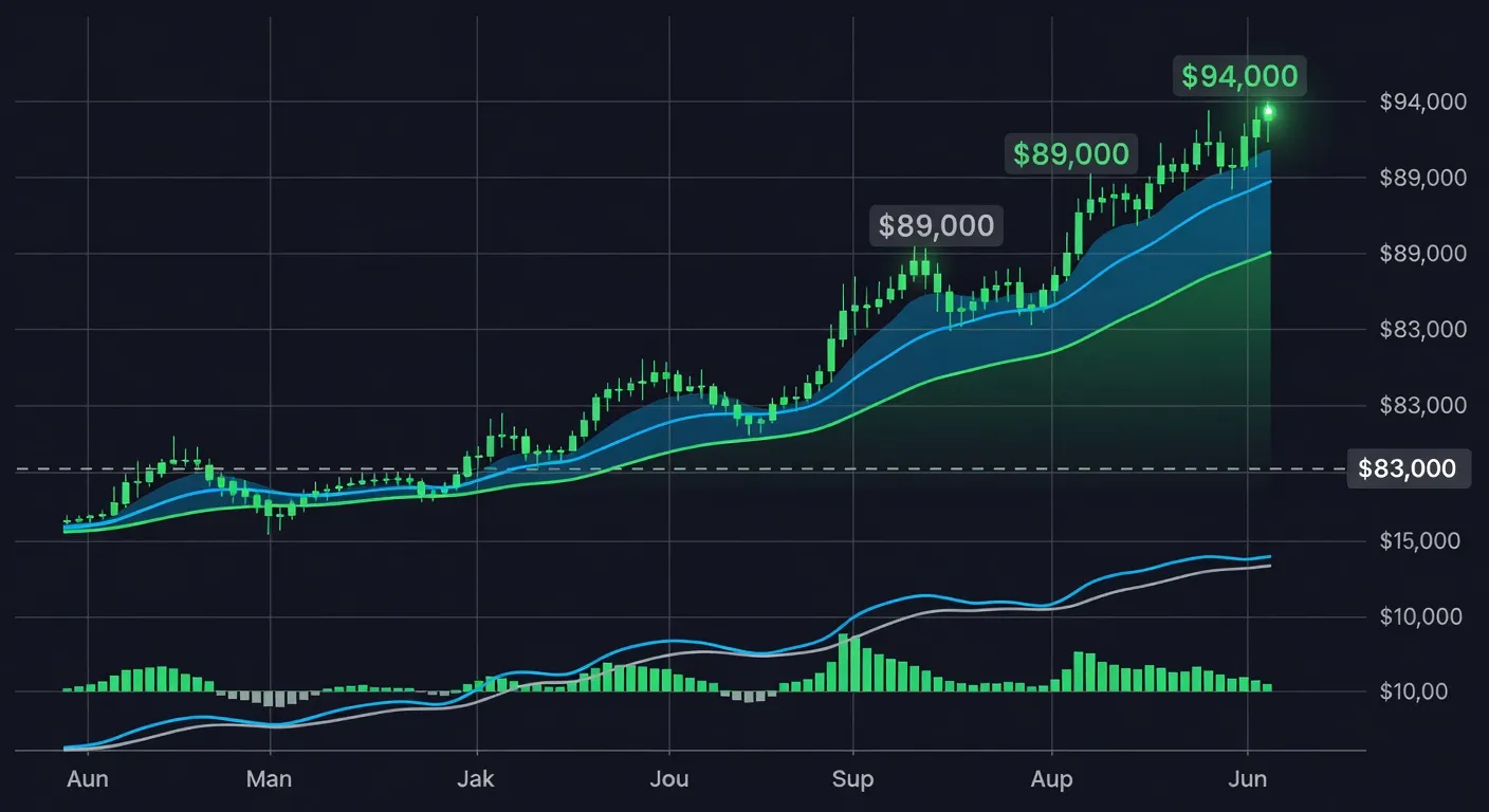 Wykres ceny Bitcoina pokazujący przekroczenie 83 000 USD z celami na 89 000 i 94 000 USD oraz zaznaczonym przecięciem MACD