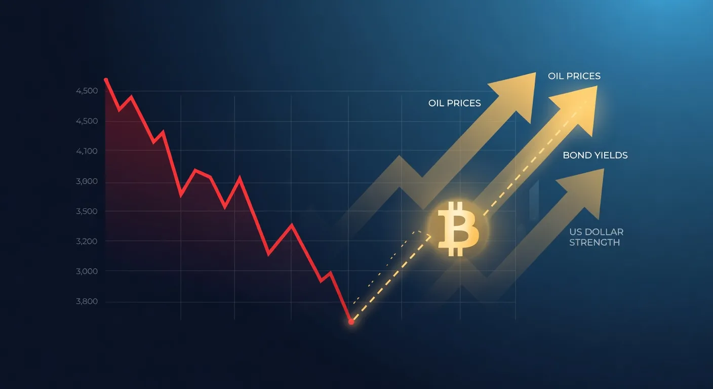 Symbol Bitcoina oddalający się od spadającego wykresu S&P 500 z zaznaczonymi wzrostami cen ropy, rentowności obligacji i siły dolara