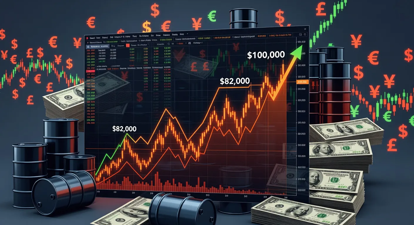 Ilustracja wykresu ceny Bitcoina przekraczającego 82 000 USD w kierunku 100 000 USD na tle baryłek ropy, obligacji USA i symboli walutowych