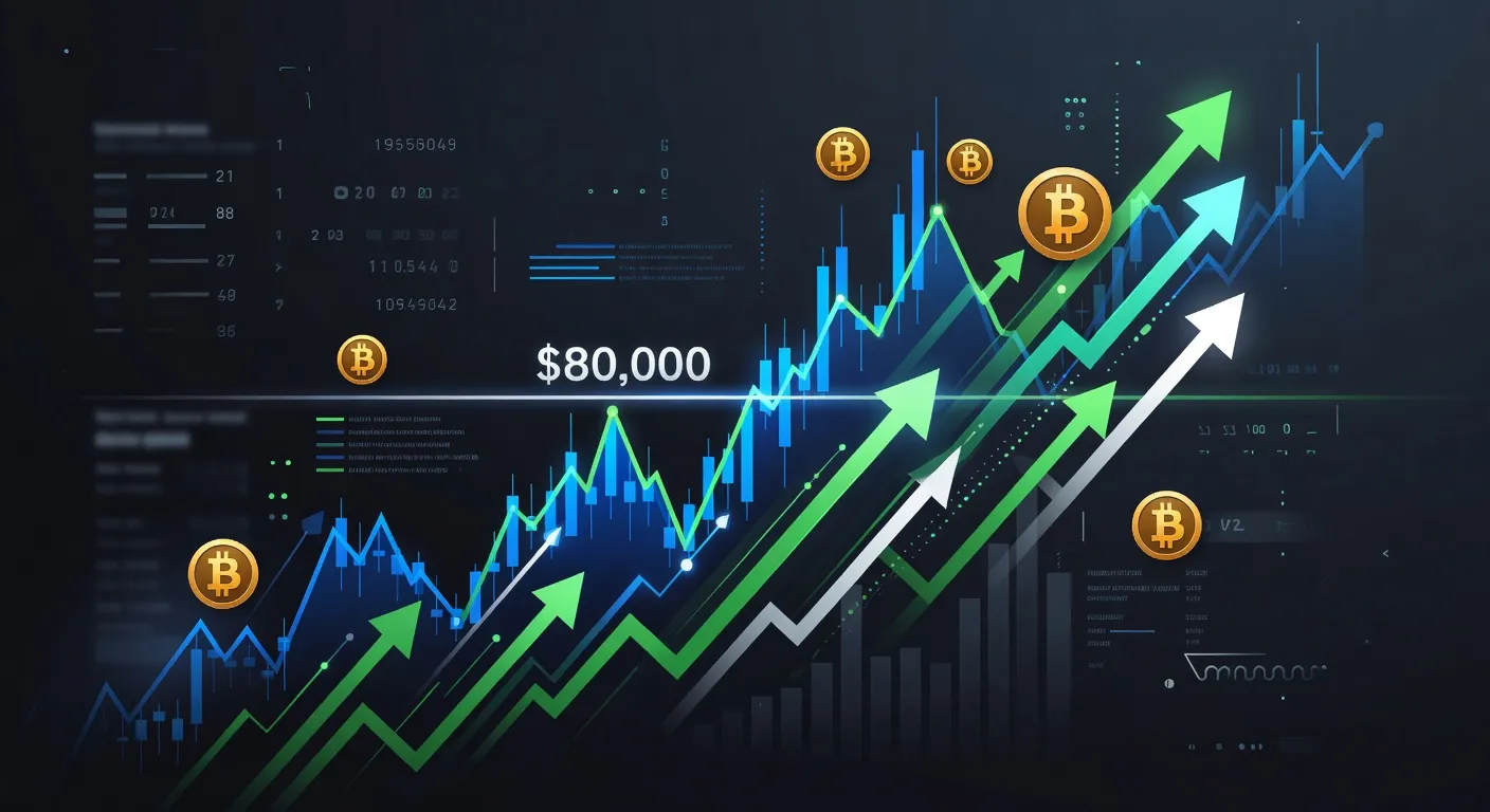 Wykres ceny Bitcoina przekraczającego 80 000 USD z zaznaczonymi napływami do funduszy ETF