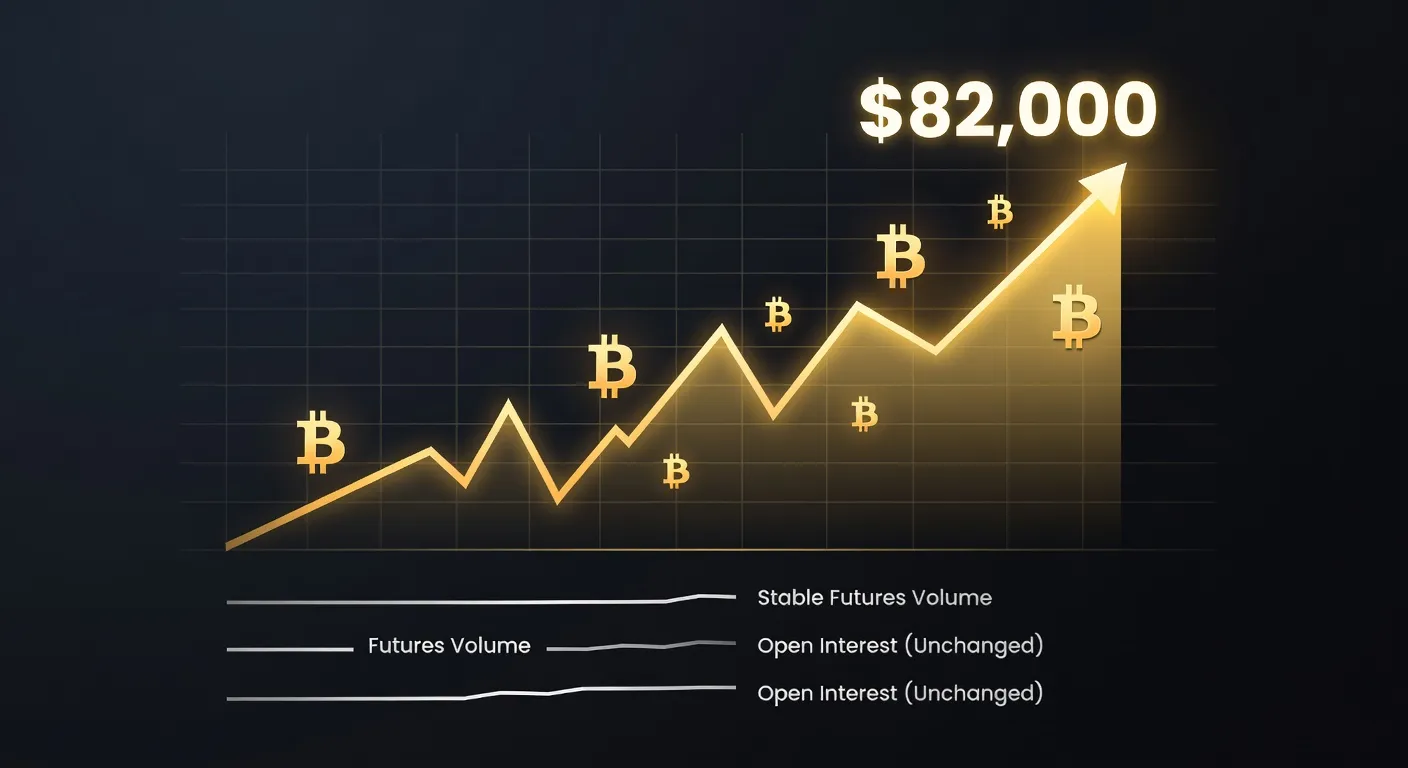 Wykres ceny Bitcoina zmierzającego ku 82 000 USD z płaskimi wskaźnikami wolumenu i otwartych pozycji na rynkach pochodnych