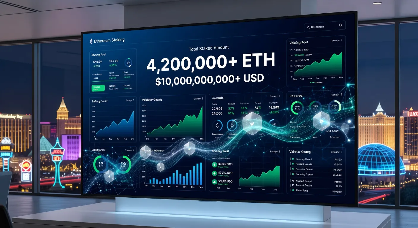 Profesjonalna ilustracja dashboardu stakingu Ethereum firmy Bitmine z ponad 4 milionami tokenów ETH wartymi 10 miliardów dolarów na tle skyline Las Vegas