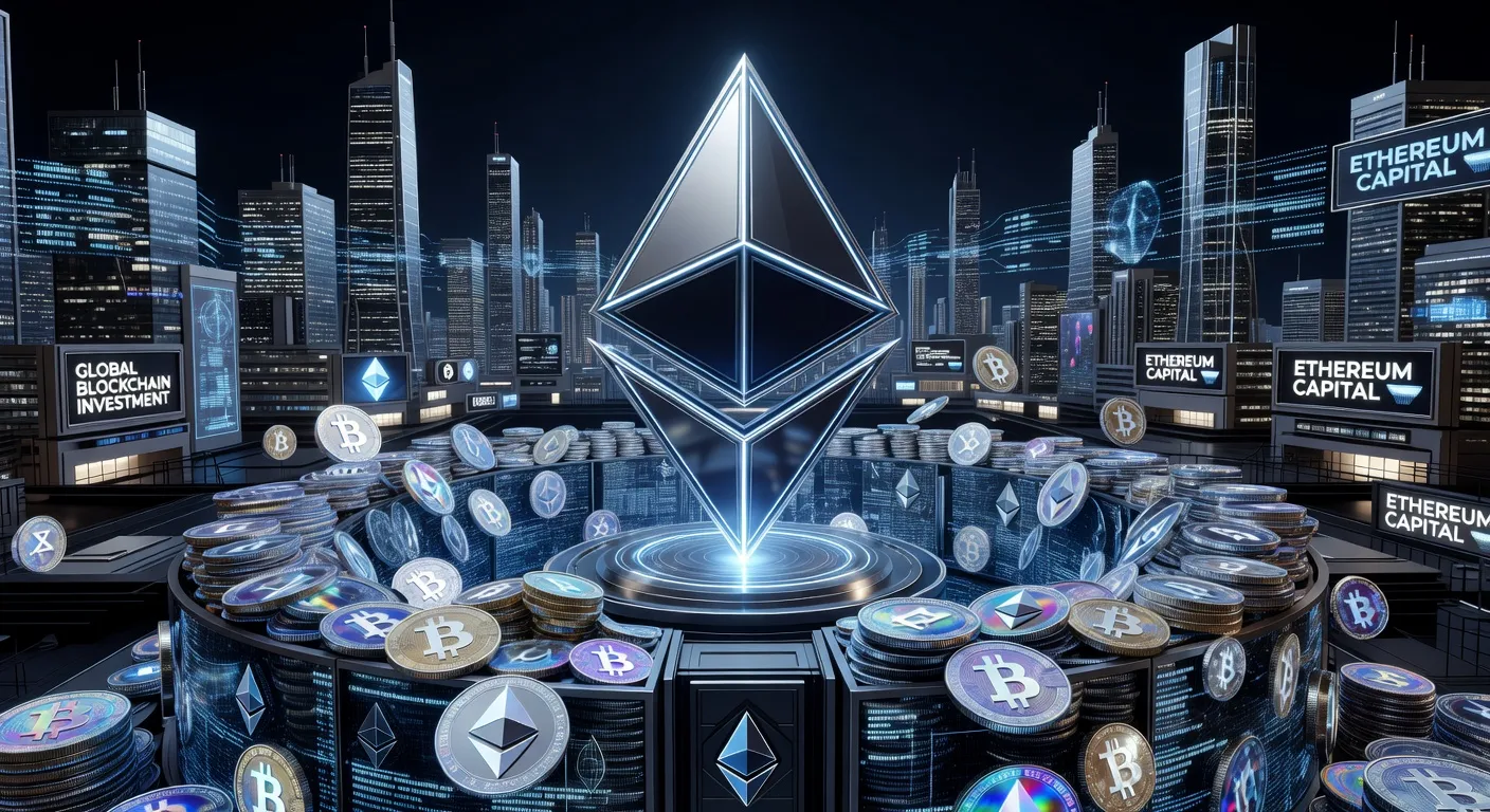 Ilustracja logo Ethereum otoczonego cyfrowymi monetami w futurystycznym mieście finansowym