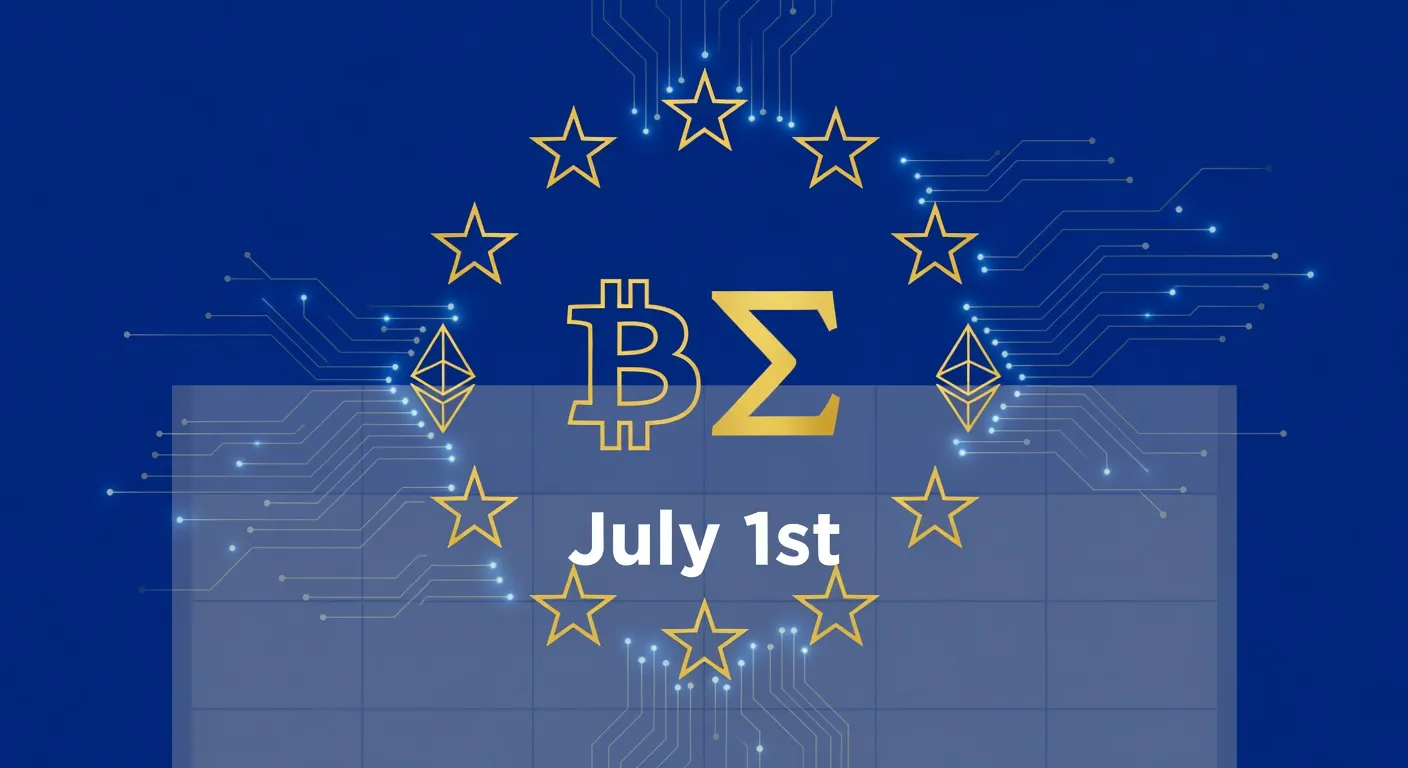 Ilustracja flagi UE połączonej z symbolami Bitcoina i Ethereum na stronie kalendarza oznaczonej 1 lipca