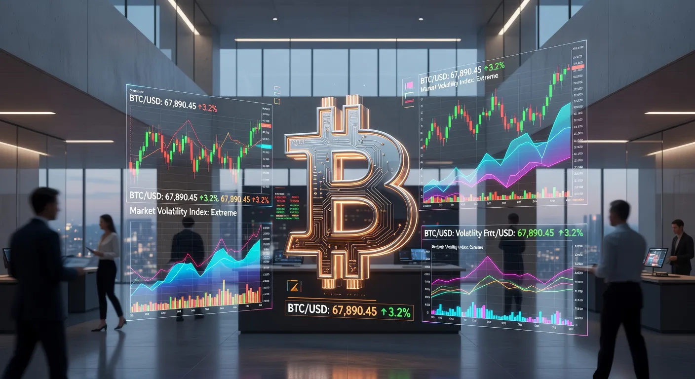 Symbol Bitcoina otoczony wykresami finansowymi w nowoczesnym biurze