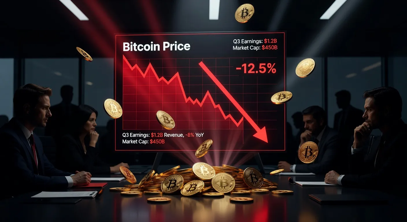 Raport finansowy Strategy z czerwonym wykresem spadkowym Bitcoina i złotymi monetami w tle