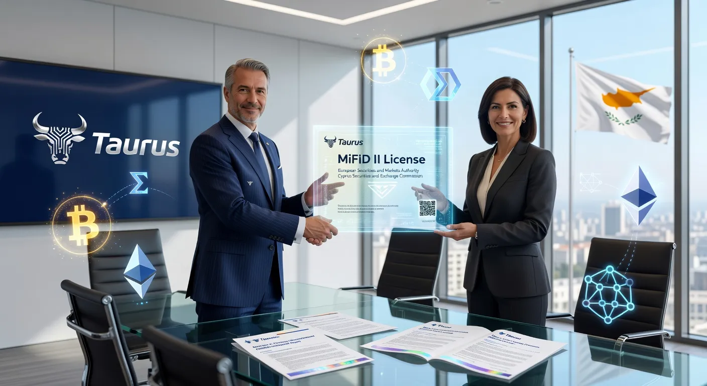 Ilustracja szwajcarskiego powiernika Taurus otrzymującego licencję MiFID na Cyprze z dokumentami UE i symbolami aktywów cyfrowych