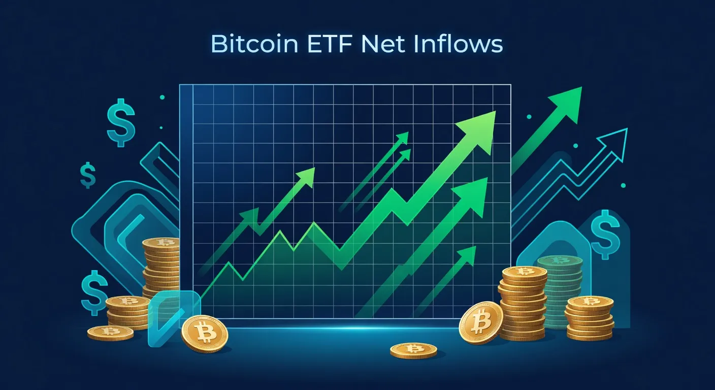 Ilustracja przedstawiająca napływy netto do ETF-ów Bitcoin z zielonymi strzałkami na wykresie cenowym i stosami złotych monet