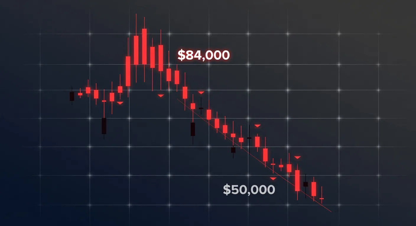 Wykres ceny Bitcoina z zaznaczonym poziomem oporu 84 000 USD i strefą wsparcia 50 000 USD w profesjonalnym stylu finansowym