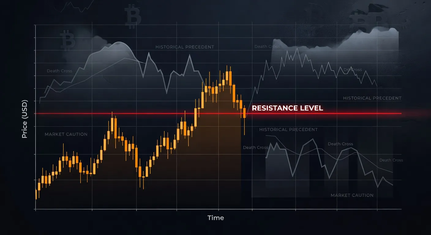 Wykres ceny Bitcoina z nieudaną próbą wybicia ponad opór oraz subtelnymi elementami historycznych ostrzeżeń