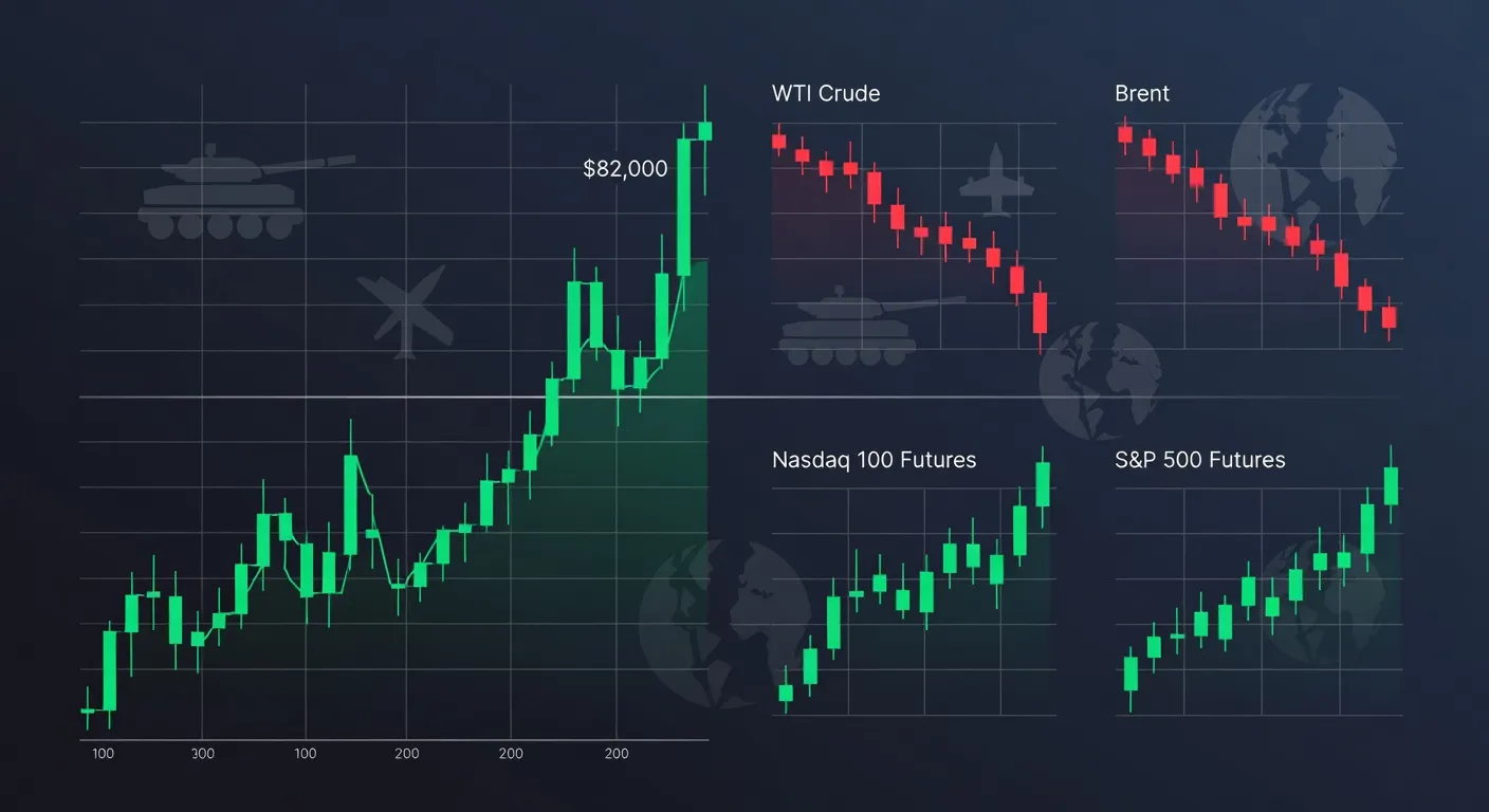 Wykres ceny Bitcoina powyżej 82 000 USD z zaznaczonymi spadającymi cenami ropy i rosnącymi futures Nasdaq oraz S&P 500