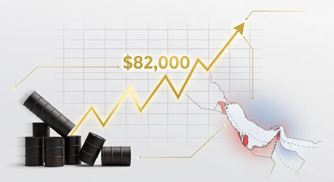 Wykres ceny Bitcoina powyżej 82 000 USD z malejącymi baryłkami ropy oraz mapą Cieśniny Hormuz w stylu finansowym ze złotymi akcentami