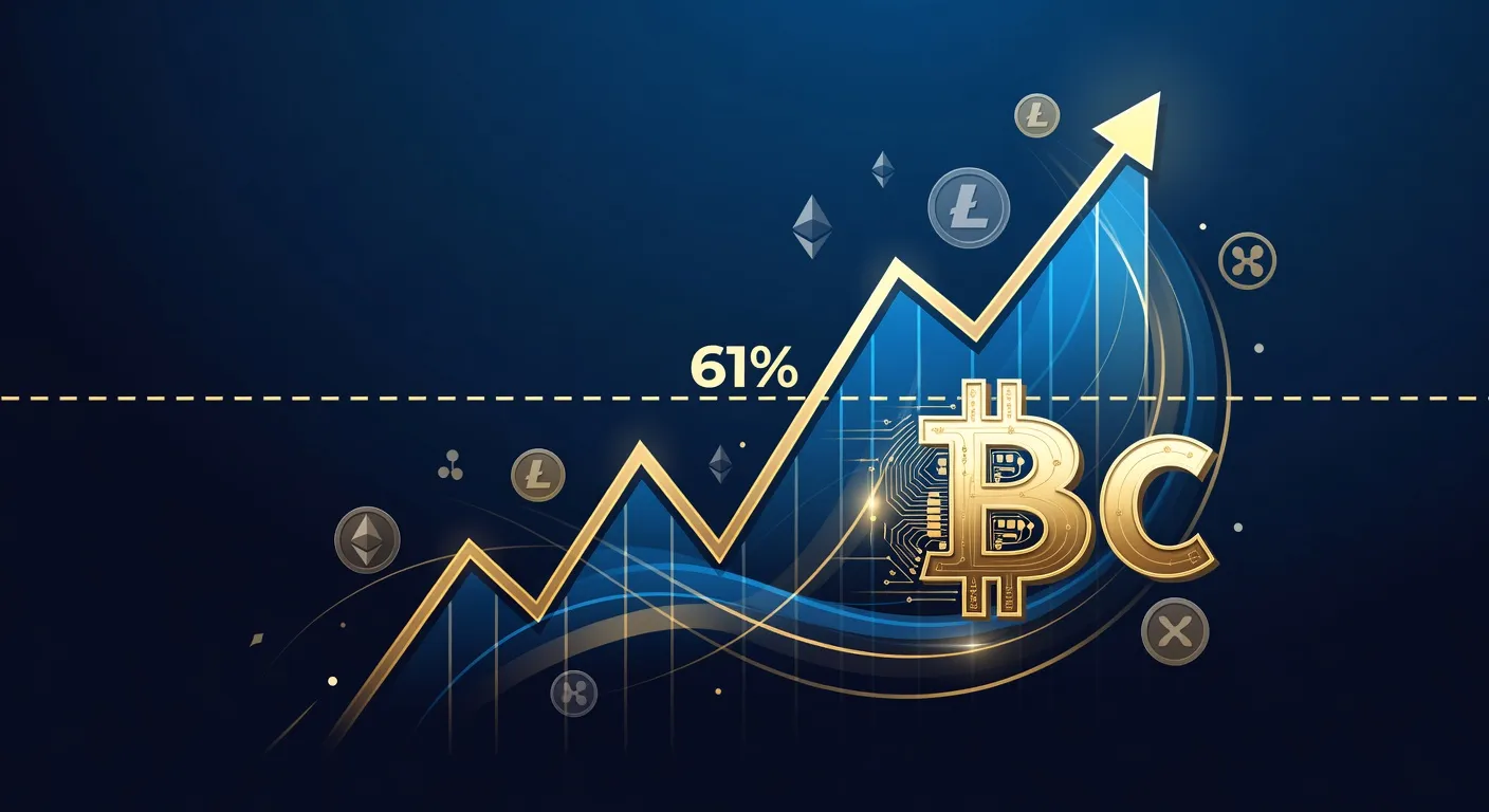 Wykres dominacji Bitcoina rosnącego powyżej 61 procent z symbolem BTC na czele i ikonami altcoinów w tle