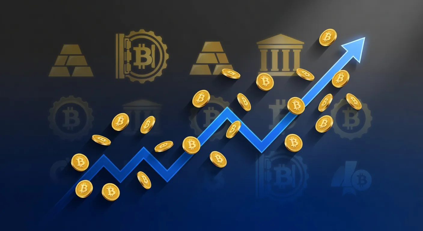 Wykres ceny Bitcoina rosnący w górę z złotymi monetami i symbolami rezerw banków centralnych w tle