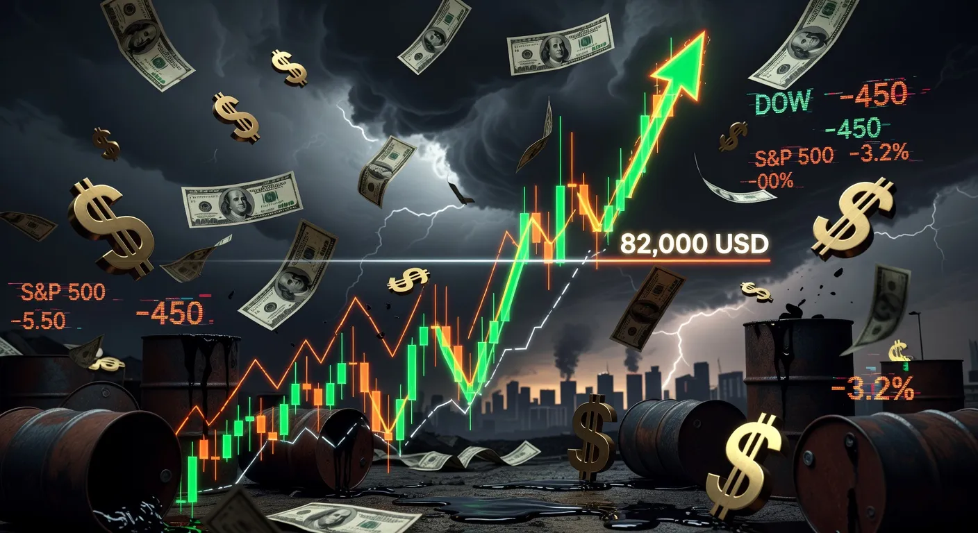 Wykres świecowy Bitcoina powyżej 82 000 USD z symbolami ropy, obligacji skarbowych USA i dolara na tle napięć geopolitycznych