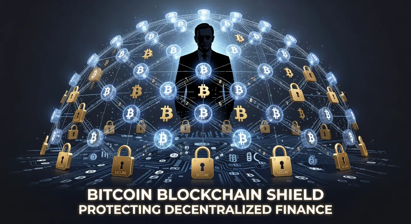 Ilustracja przedstawiająca węzły łańcucha bloków Bitcoin tworzace tarczę ochronną nad protokołami zdecentralizowanych finansów