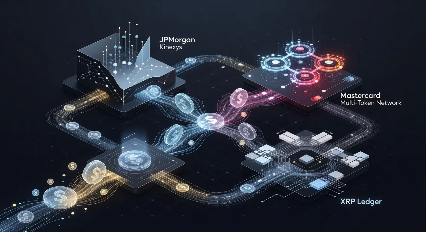 Profesjonalna ilustracja cyfrowa przedstawiająca przepływ tokenizowanych aktywów skarbowych USA między platformami blockchain JPMorgan Kinexys, Mastercard Multi-Token Network i XRP Ledger w nowoczesnym stylu fintech