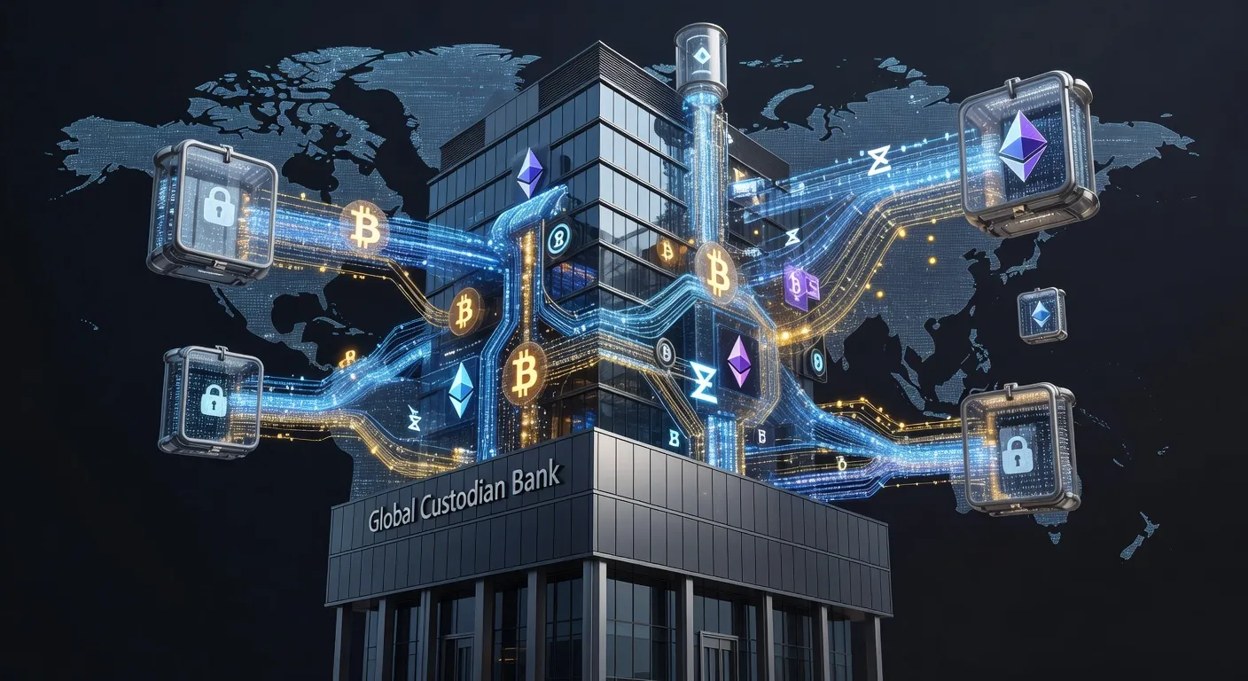 Ilustracja budynku banku depozytowego połączonego z elementami blockchain Bitcoina i Ethereum oraz sejfami cyfrowymi