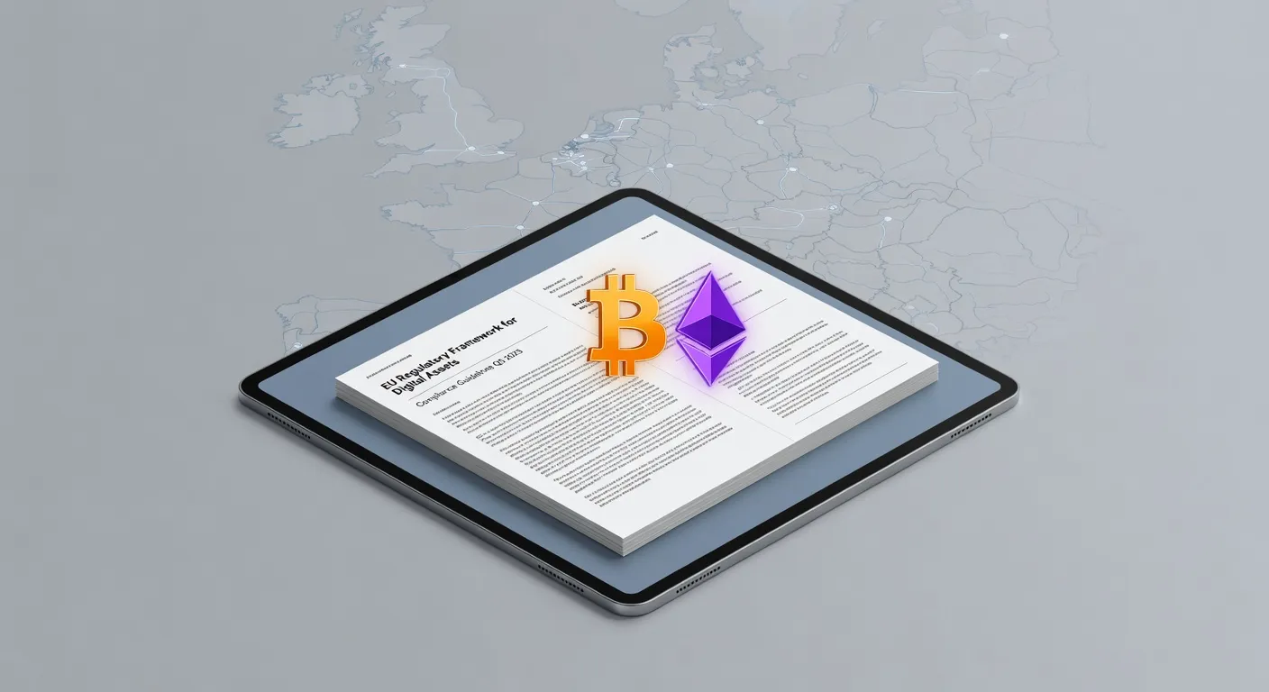 Ilustracja dokumentów regulacyjnych UE obok symboli Bitcoina i Ethereum na tablecie z mapą Europy w tle