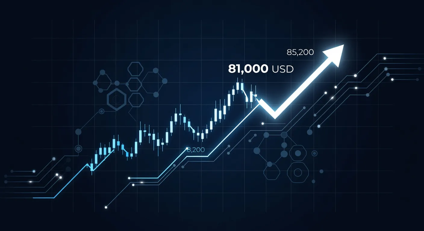 Wykres ceny Bitcoina z poziomem 81 000 USD i zaznaczonym oporem na 85 200 USD z elementami łańcucha bloków